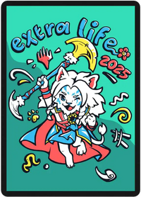 Digital card sleeve showing Ajani jumping and holding his double-headed axe aloft beneath the Extra Life logo.