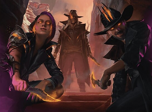 At the bottom of a canyon, three scoundrels in cowboy attire with glowing eyes and glowing knives pose menacingly toward the viewer.