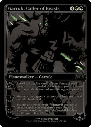 A 2013 promotional variant of Garruk, Caller of Beasts, rendered entirely in dark gray and black, excepting a green highlight on his weapon.