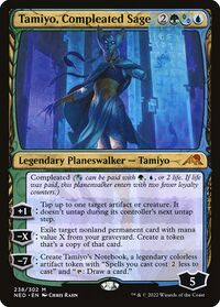 The card Tamiyo, Compleated Sage. The planeswalker frame is slightly different, using more etched, jagged lines.