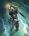 Gideon attacks Nicol Bolas with the Blackblade.