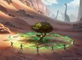Itlimoc being created from a single tree by a circle of merfolk and human priests.