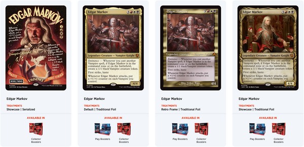 The card image gallery of Innistrad Remastered showing the four variations of the card Edgar Markov printed within the set.