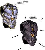 Concept art of an "impervium" chest-plate next to a normal chest-plate.
