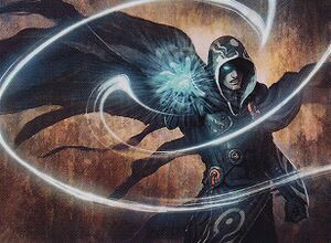A frowning man in a flowing blue cloak, with one glowing blue eye visible under his hood, reaching out with a glowing blue hand that swirls with magic.