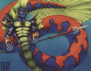 A martial merfolk with blue and red scales all over his body and a long, serpentine tail, wielding a spear.