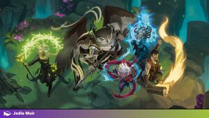 Five Strixhaven students standing on a ledge, each a different species and with outfits and magic suggesting a different college: a Witherbloom elf, Silverquill owlfolk, Quandrix gorgon, Prismari goblin, and Lorehold orc.
