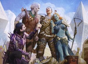 A kor cleric, human warrior, and merfolk wizard join arms and laugh as a vampire rogue examines a pile of treasure.