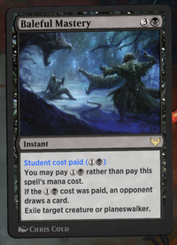 A screenshot of the card Baleful Mastery from Strixhaven: School of Mages on Magic: The Gathering Arena showing that paying the card's alternate cost has been labelled as a "student cost".