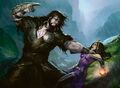 Garruk confronts Liliana in Innistrad, for the necromancer to lift the curse.